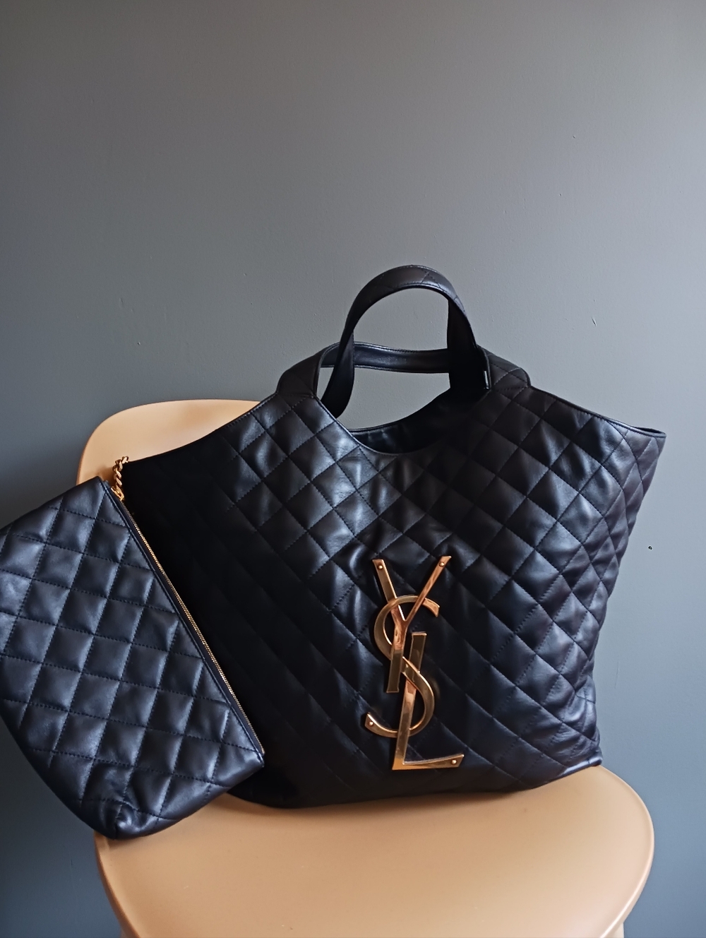Saint Laurent  iCare Black Quilted Lambeskin Hobo Tote Shoulder Bag With  Pouch